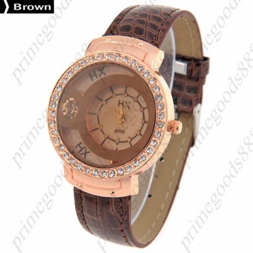 3D Rhinestones PU Leather Lady Ladies Wrist Quartz Wristwatch Women&#039;s Brown