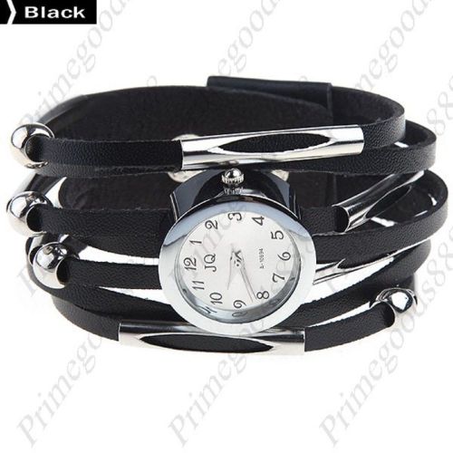 Round Spike Stud PU Leather Lady Ladies Wrist Quartz Wristwatch Women&#039;s Black