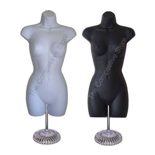 2 Black + White Female Mannequin Dress Forms (Hip Long) W/ Economic Plastic Base