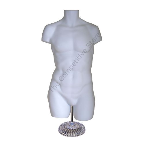 Super male mannequin white dress form with economic plastic base - s-m sizes for sale