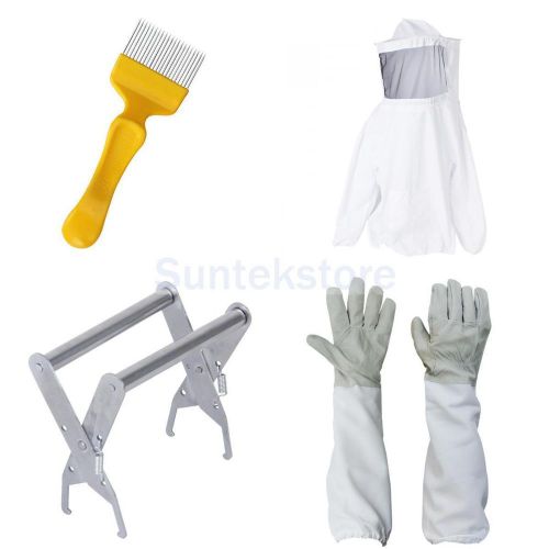 Beekeeping Gloves+ Bee Protecting Jacket Veil+Hive Frame Holder+Uncapping Fork