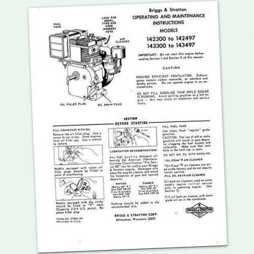 BRIGGS AND STRATTON 6hp ENGINE 143300 to 143497 OPERATING MANUAL OPERATORS point