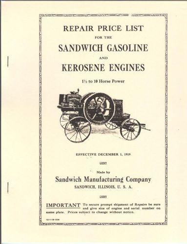 Sandwich Gasoline &amp; Kerosene Engines Repair List 1919 1 1/2 to 10 Horse Power