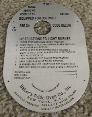 Bakers pride - data plate - (replacement) - oer for sale
