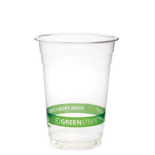 50 PCS EcoProducts Green Stripe Design 12oz Compostable Cold Cups With Lid Pla
