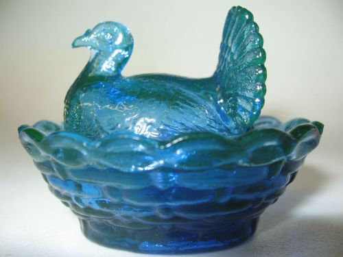 Cobalt Vaseline glass salt celt hen turkey on nest basket dish uranium blue dip