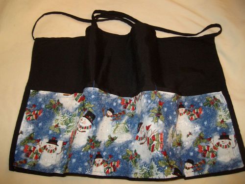 Black Server Christmas Snowmen Waitress Waist Apron Name FREE