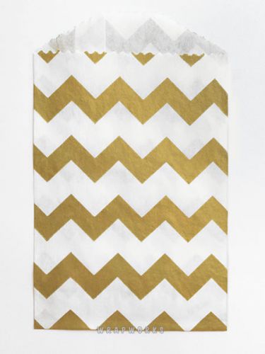 25 Tiny White and Gold Metallic Chevron Paper Bags - 2.75 x 4 inches