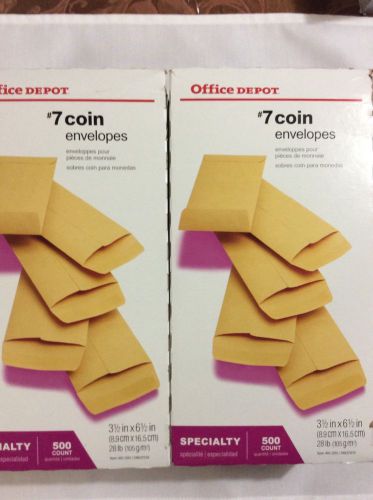 Office Depot #7 Coin Envelopes 3 1/2&#034;x 6 1/2 500ct Box. Lot of 2 New 1000ct Tota