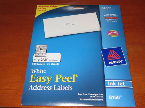 New AVERY 8160 White Easy Peel Address Labels 1&#034;x2 5/8&#034; Inkjet 750ct 25 Sheets