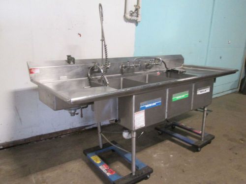 &#034;AMERICAN DELPHI&#034; COMMERCIAL 3 COMPARTMENT SINK w/SPRAYER WAND, CHEM DISPENSER