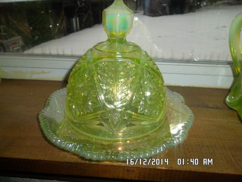 Mosser~vaseline opalescent Carnival Glass domed butter dish uranium iridescent