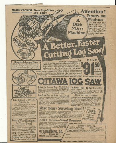Dec.1922 Ottawa Mfg.Co.Kansas &amp; Pa. Ottawa Log Saw With One Lung Engine ad