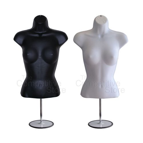 2 Pcs. Black + White Female Mannequin Torso Forms (Waist Long) W/ Base S-M Sizes