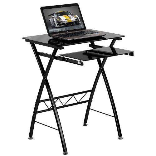 Laptop Computer Desk Modern Tempered Glass Pull-Out Tray Black Table