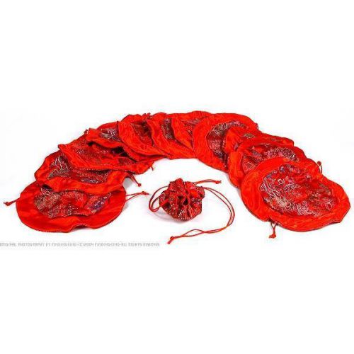 12 Red Brocade Chinese Jewelry Drawstring Bags 10&#034;