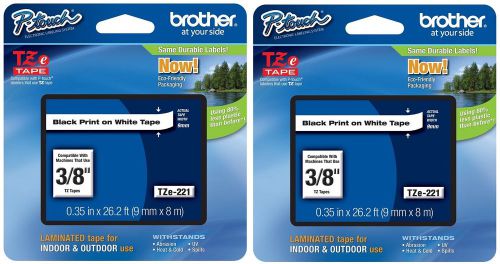 2 Packs - Brother TZe221 -  9mm 3/8&#034; - BLACK on WHITE -  P-Touch TZ tape