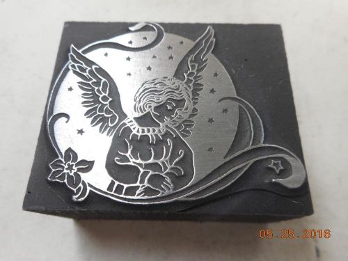Letterpress Printing Block, Charming Angel with Stars in Background, Type Cut