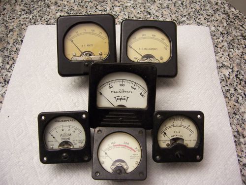 Grouping of 6 1940s Milliampers, volt meters, Ammeters