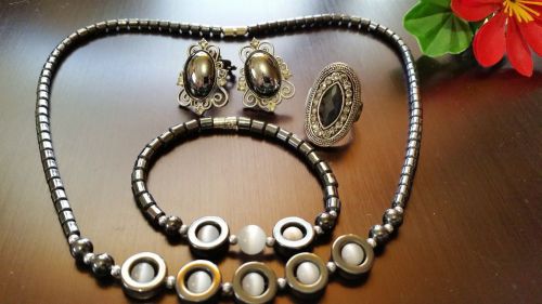 Vintage Hematite Jewelry Set W Ring- 5 Pieces- White Moonstones