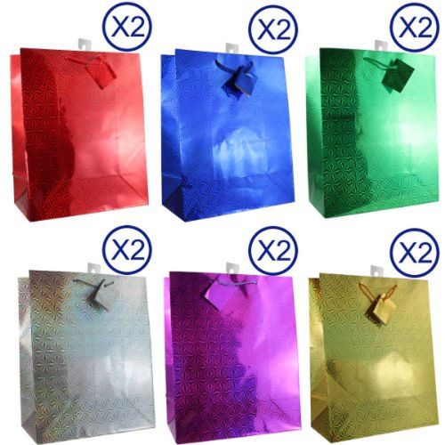 12-Pack Hologram LARGE Gift Bags 6-Color Assortment 12.5&#034; x10.5&#034;x5.5&#034;