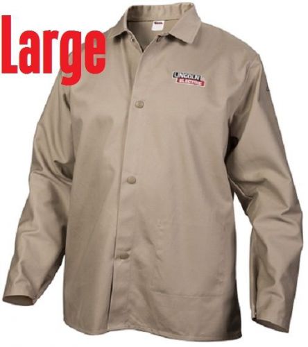 Lincoln electric large khaki flame-resistant cloth welding jacket shirt size l for sale