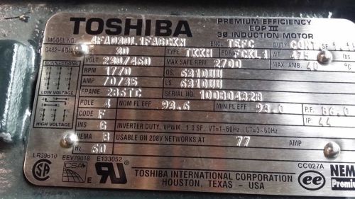 Toshiba   30 hp @ 1770 rpm 230/460V  286TC frame  TEFC  230/460V  nic