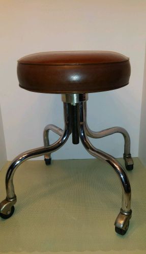 Vintage E.F BREWER Chrome &amp; Brown Doctor&#039;s Exam Stool Chair on wheels