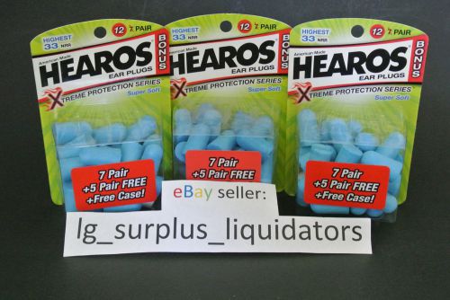 Lot of (3) HEAROS Xtreme Protection 33 NRR Ear Plugs = 36 plugs + 3 Free Cases