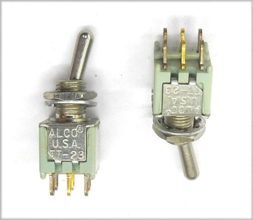 Lot of 2 nos alco tt23n2t &#034;tiny&#034; 2 pole submini on-on switches, round handle. ms for sale
