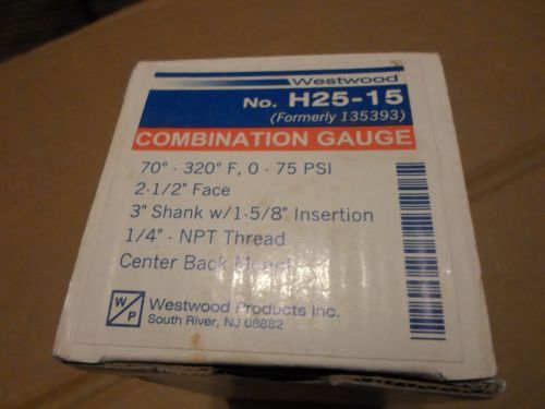 Westwood H25-15 Combination Guage 70-320 F 0-75 PSI 2/12 Face 3&#034; w 1 5/8 Insert