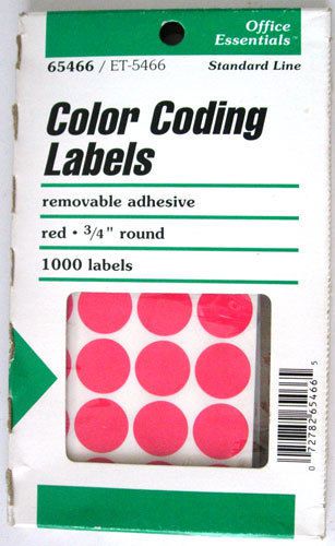 1000 Red 3/4&#034; Round Color Coding Labels Removable 65466 / ET-5466 - NEW IN BOX