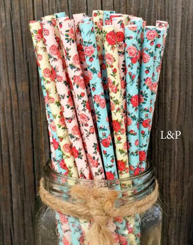 Charmed floral Roses Paper Straws 7.75 Inches 75 Pack Ivory, Light..., FAST SHIP