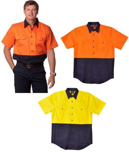 Mens cotton drill safety shirt high visibility short sleeve work top hi vis work for sale