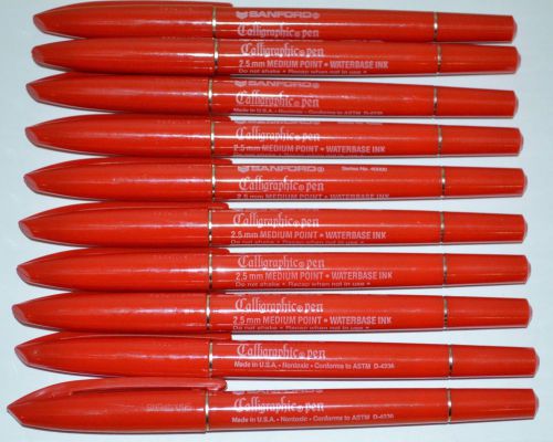 Lot of 10 RED Sanford Calligraphic Pens Markers 2.5 mm Medium Point Calligraphy