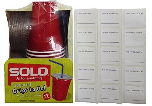Solo 9 Oz Plastic Cup, Lid, &amp; Straw Combo Pack, 15 Cups + Name Stickers Red