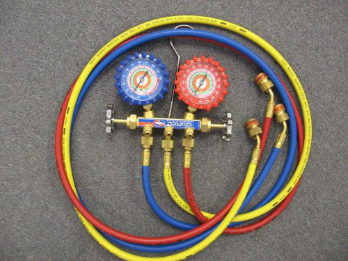 UNIWELD 2 VALVE BRASS MANIFOLD R410A- R22- R404A GAUGES  with 5 FOOT  HOSES