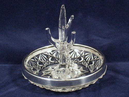 Antique 1902 Chester H&#039;m Sterling Silver &amp; Cut Glass Ring Tree Jewellery Stand