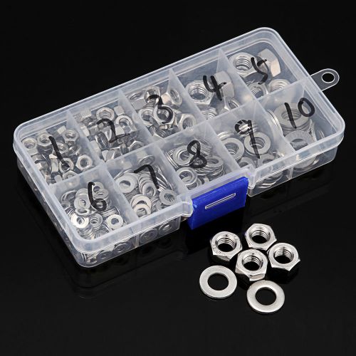 465pcs M4 M5 M6 M8 A2 Stainless Steel Hex Nuts Full Nut +Form A Flat Washers Set