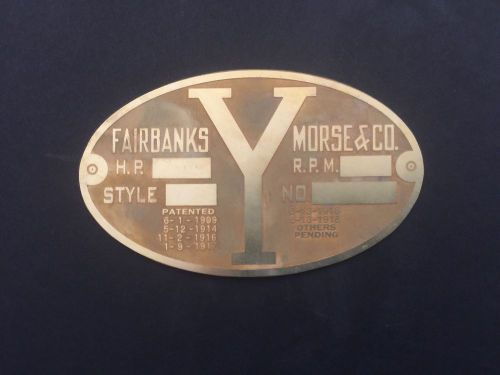 Fairbanks Morse Y Etched Brass Tag Antique Hit and Miss Engine