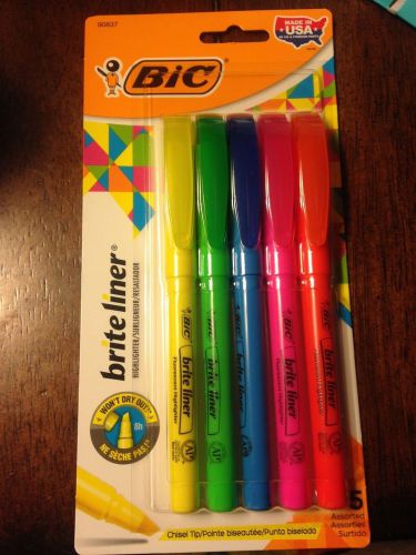BIC Brite Liner Grip Highlighter Chisel Tip Assorted Colors 5-Count BRAND NEW