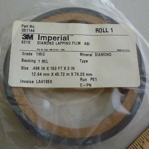 3M Diamond Lapping Film 631X .498In X 150Ft X 3In 1 Micron 1 Mil $740 Retail NEW