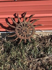 Vintage Rotary Hoe Wheel Spike Steampunk Steel Sun Flower Rustic Yard Garden Art