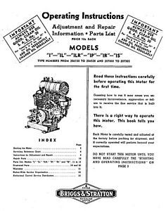 Briggs &amp; Stratton I, IL, ILR, IP, IR &amp; IS Engine Operator Maintenance Manual