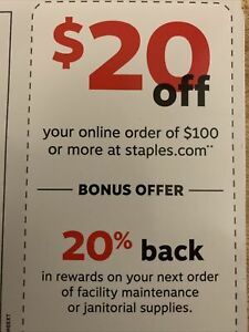 Staples couponss $20 off your online order of $100 or more - Expires 07/31/2021