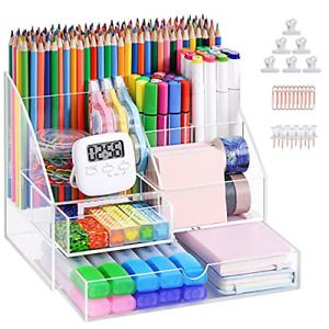 Marbrasse Upgraded Acrylic Desk Organizer with Drawer, Clear Desk Organizers and