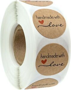30 1&#034; Inch Round Natural Kraft Handmade with Love Stickers