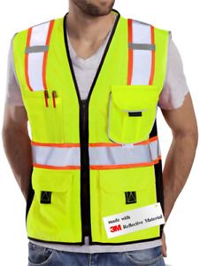 Dib Safety Vest Reflective Yellow Mesh, High Visibility Vest with Pockets and Zi