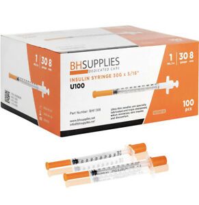 BH Supplies Insulin Syringes U-100 30G 1ml/cc 5/16&#034; (8mm) Pack of 100 Pcs
