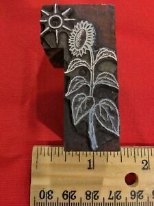  Antique Metal Printer Letterpress Ink Stamp Wood Block PA Dutch Sunflower